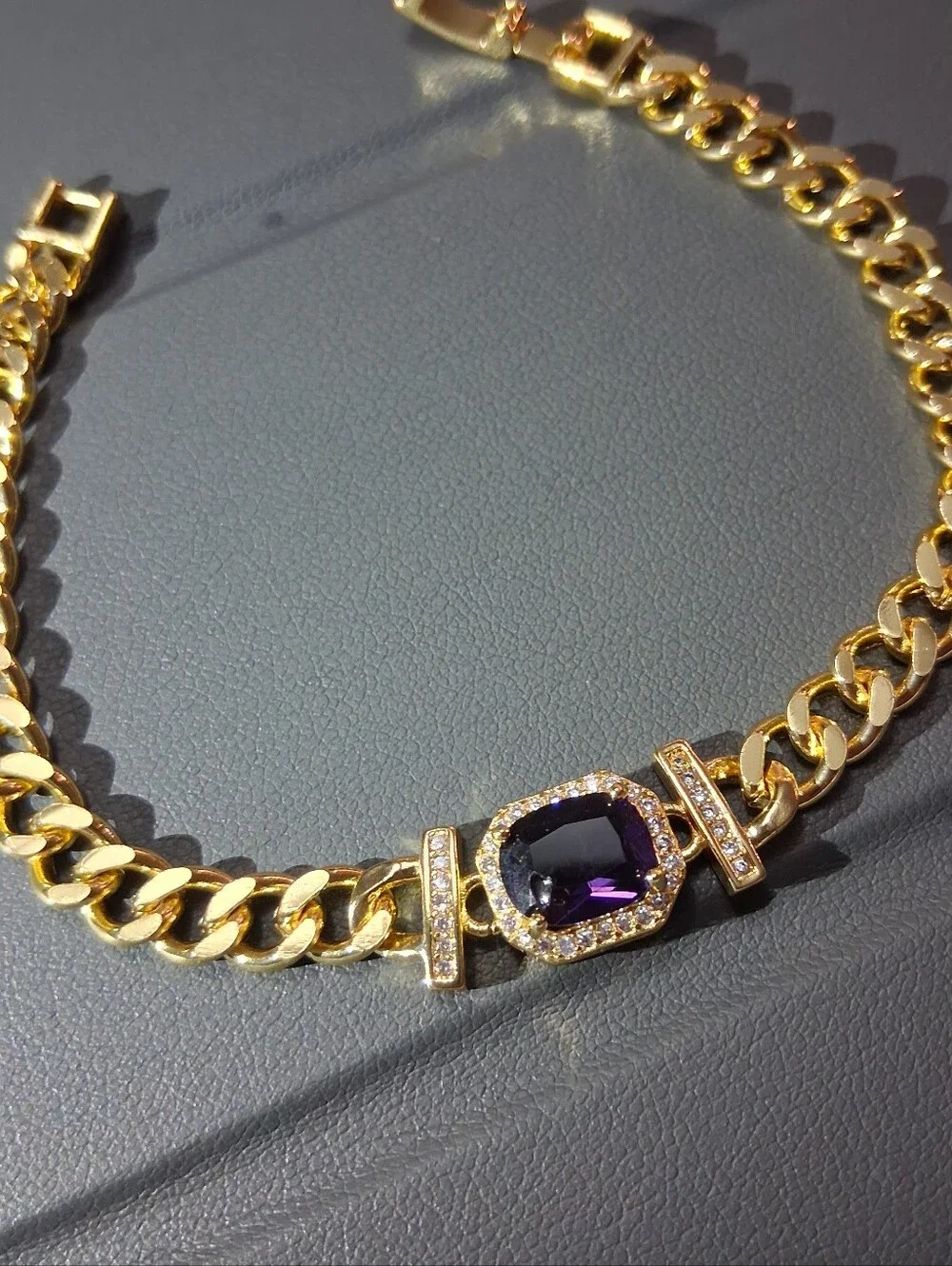 Gold Chain Bracelet with Purple Stone and Pavé Accents